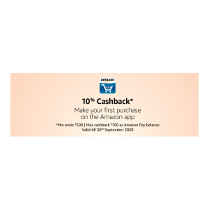 Amazon : Get 10% Cashback Upto 100₹ On Min. 500₹ Order on first App Purchase
